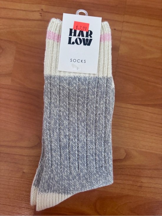 Harlow Accessories - Grey & Pink Cottage Crew Winter Socks with White Trim